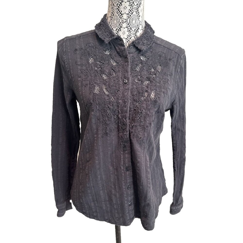 Free People dark Grey Long Sleeve Shirt Lace 100% cotton blouse fairy core